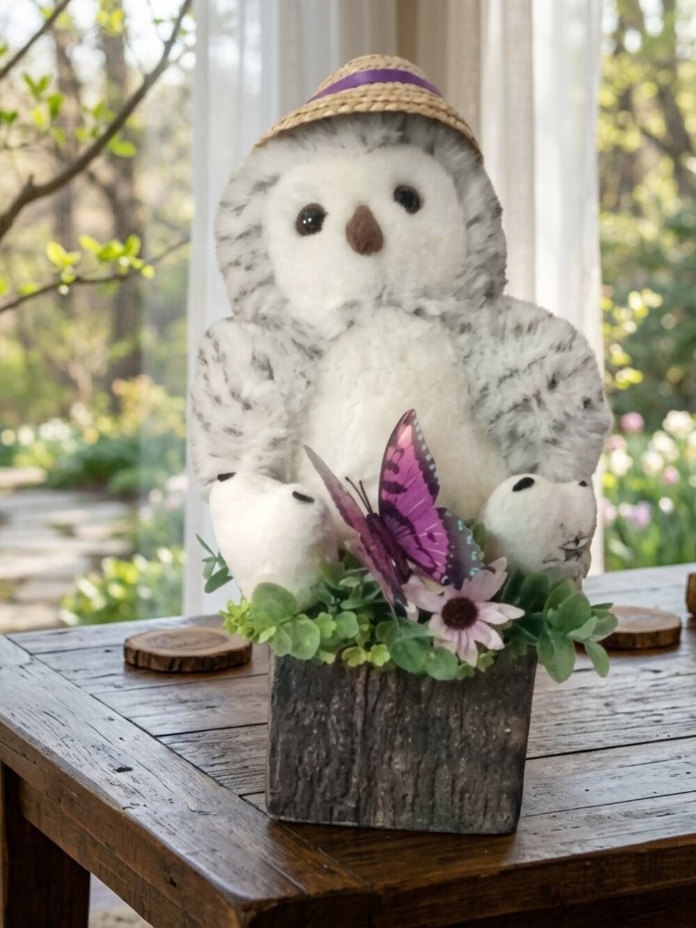 Handmade Faux Wood Owl Planter Floral Decor Centerpiece